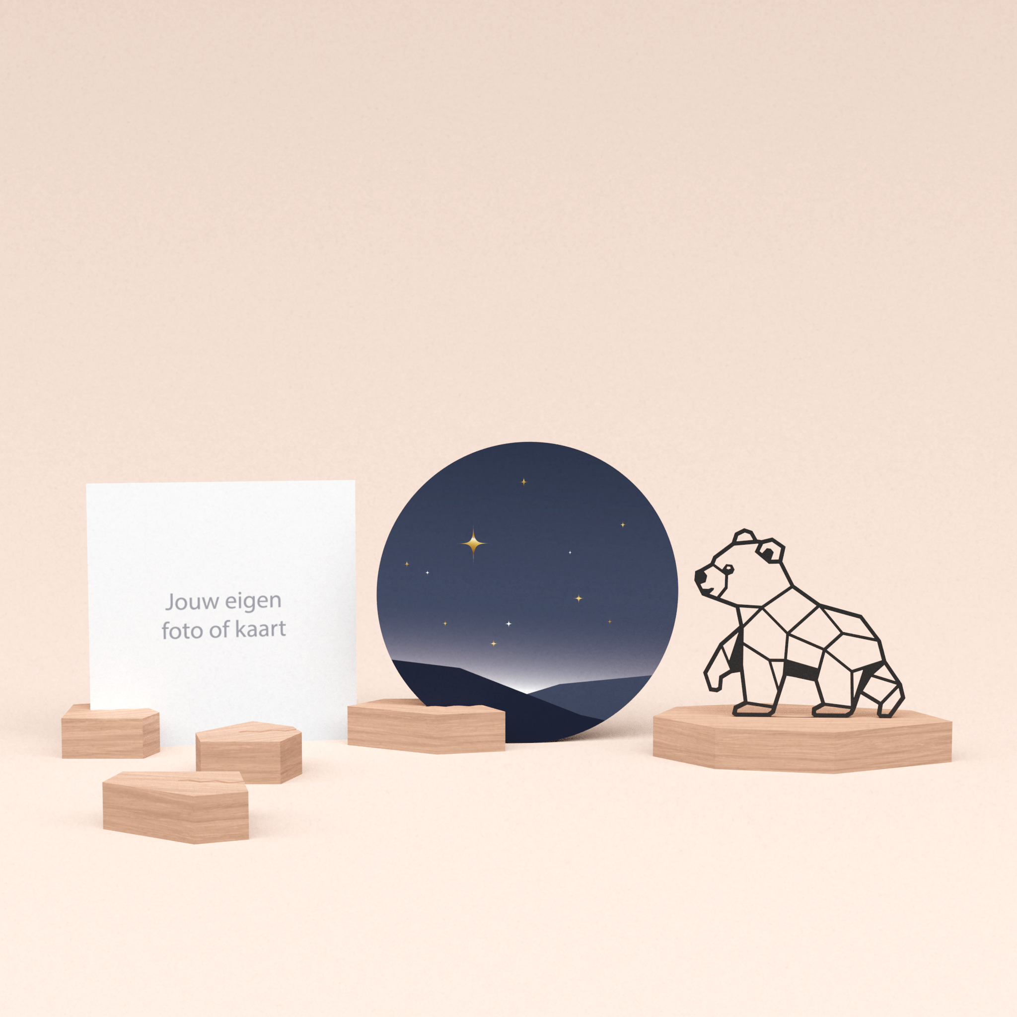 premium fotohouder cadeauset met beer illustratie en luxe ronde wenskaart sterrenhemel