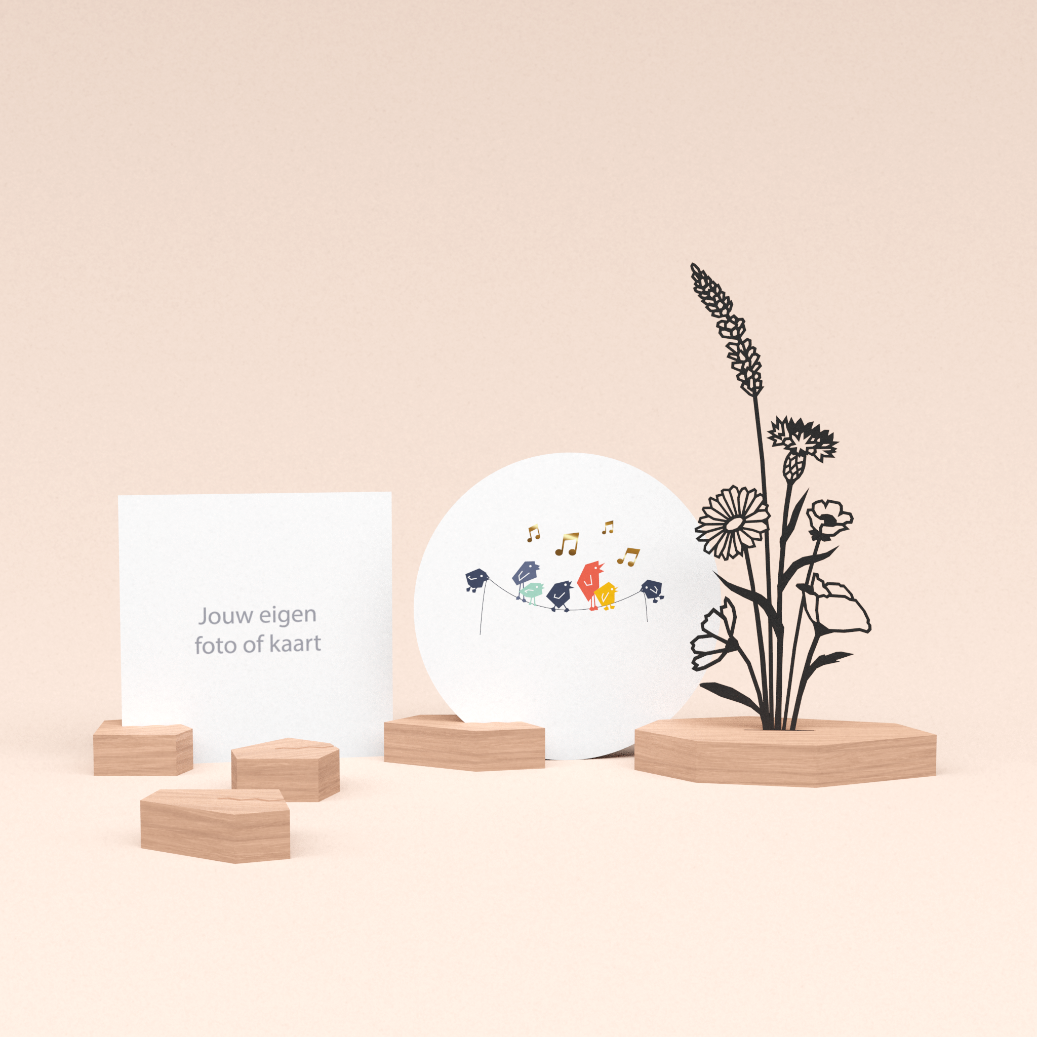 premium wenskaarthouder cadeauset met bloemenboeket illustratie en luxe ronde kaart tjieperdepiep hoera! 