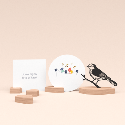 premium fotohouder cadeauset met mus illustratie en luxe ronde wenskaart tjieperdepiep hoera! 