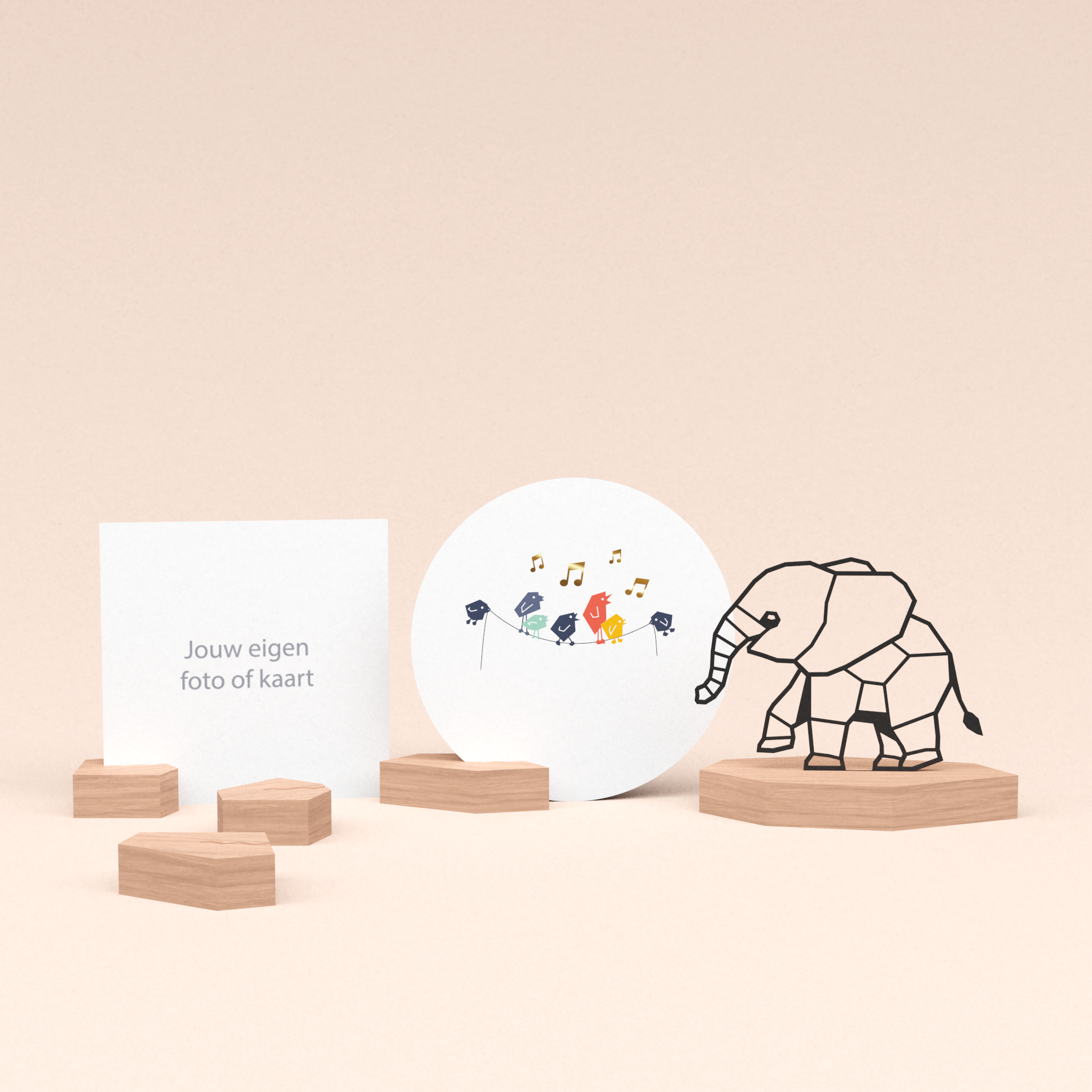 premium fotohouder cadeauset met olifant illustratie en luxe ronde wenskaart tjieperdepiep hoera! 
