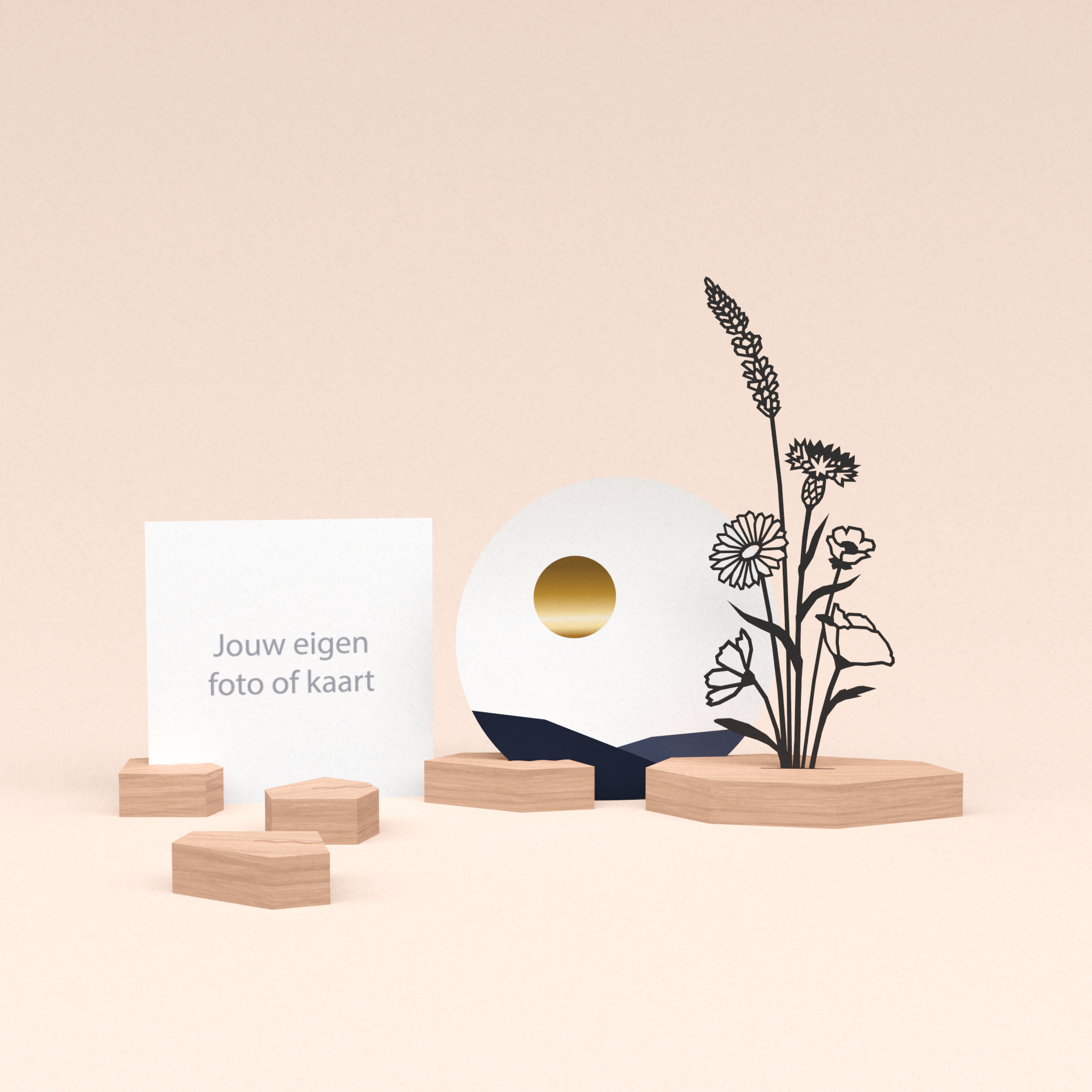 premium kaarthouder cadeauset met bloemenboeket illustratie en luxe ronde kaart zonsondergang 