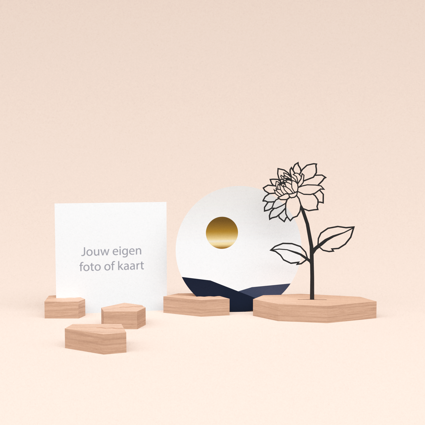 premium fotohouder cadeauset met dahlia bloem illustratie en luxe ronde wenskaart zonsondergang 