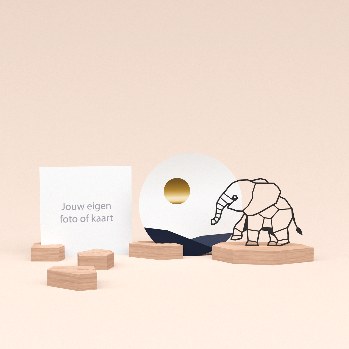 premium fotohouder cadeauset met olifant illustratie en luxe ronde wenskaart zonsondergang 
