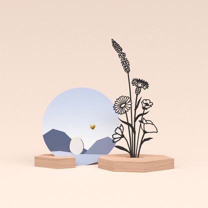 luxe cadeau woondecoratie met bloemenboeket illustratie en ronde wenskaart kleintje op komst 