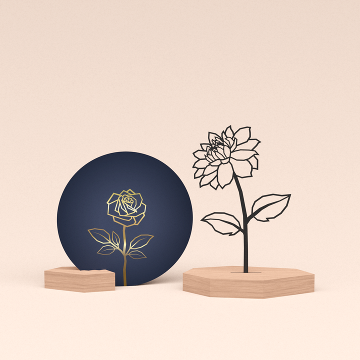 luxe cadeau kaarthouder met bloem | dahlia illustratie en ronde kaart roos blauw 