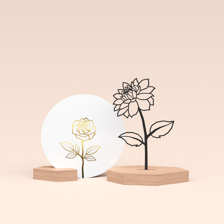 luxe cadeau kaartstandaard met bloem | dahlia illustratie en ronde kaart roos wit 