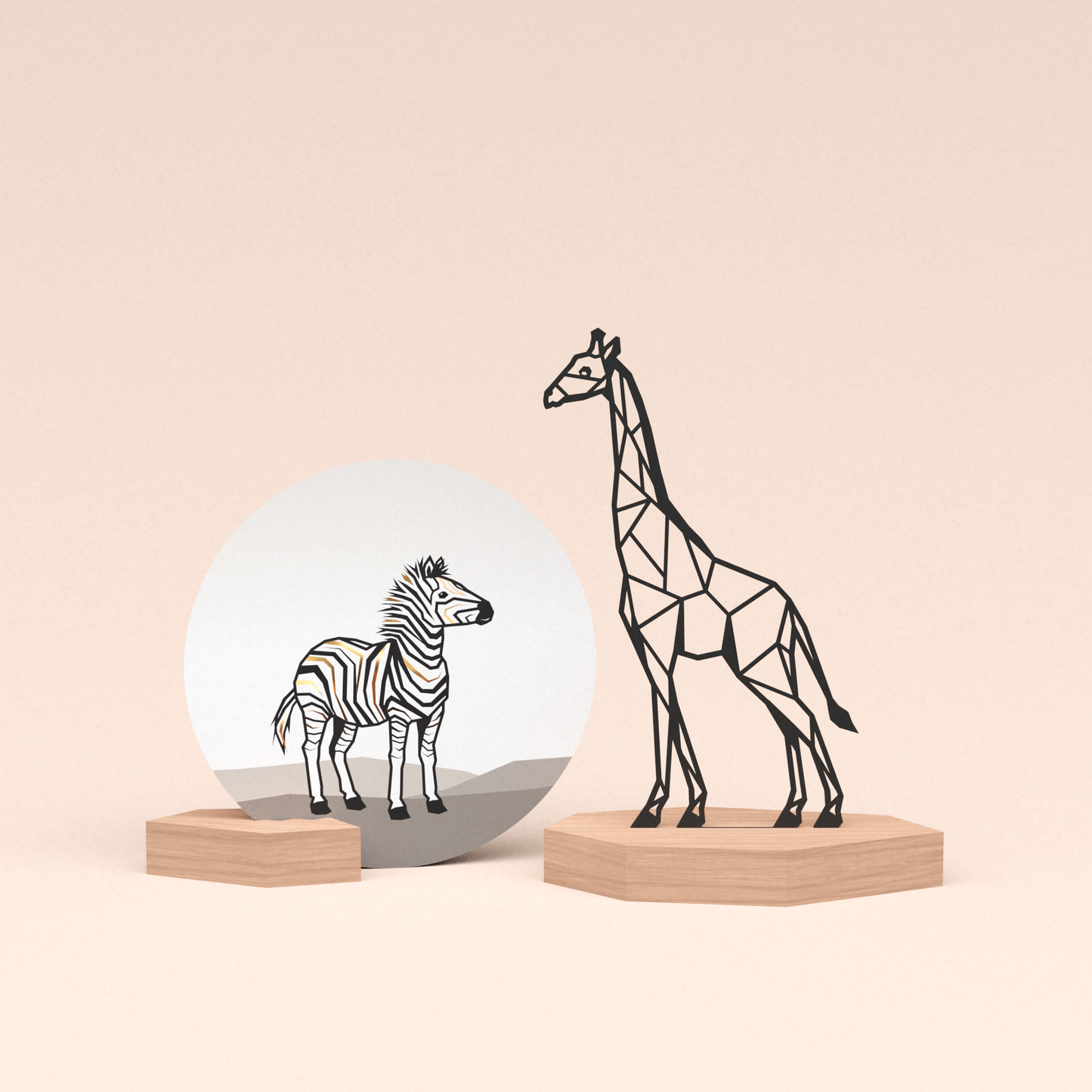 luxe houten wenskaarthouder met kaart zebra en design illustratie giraf 