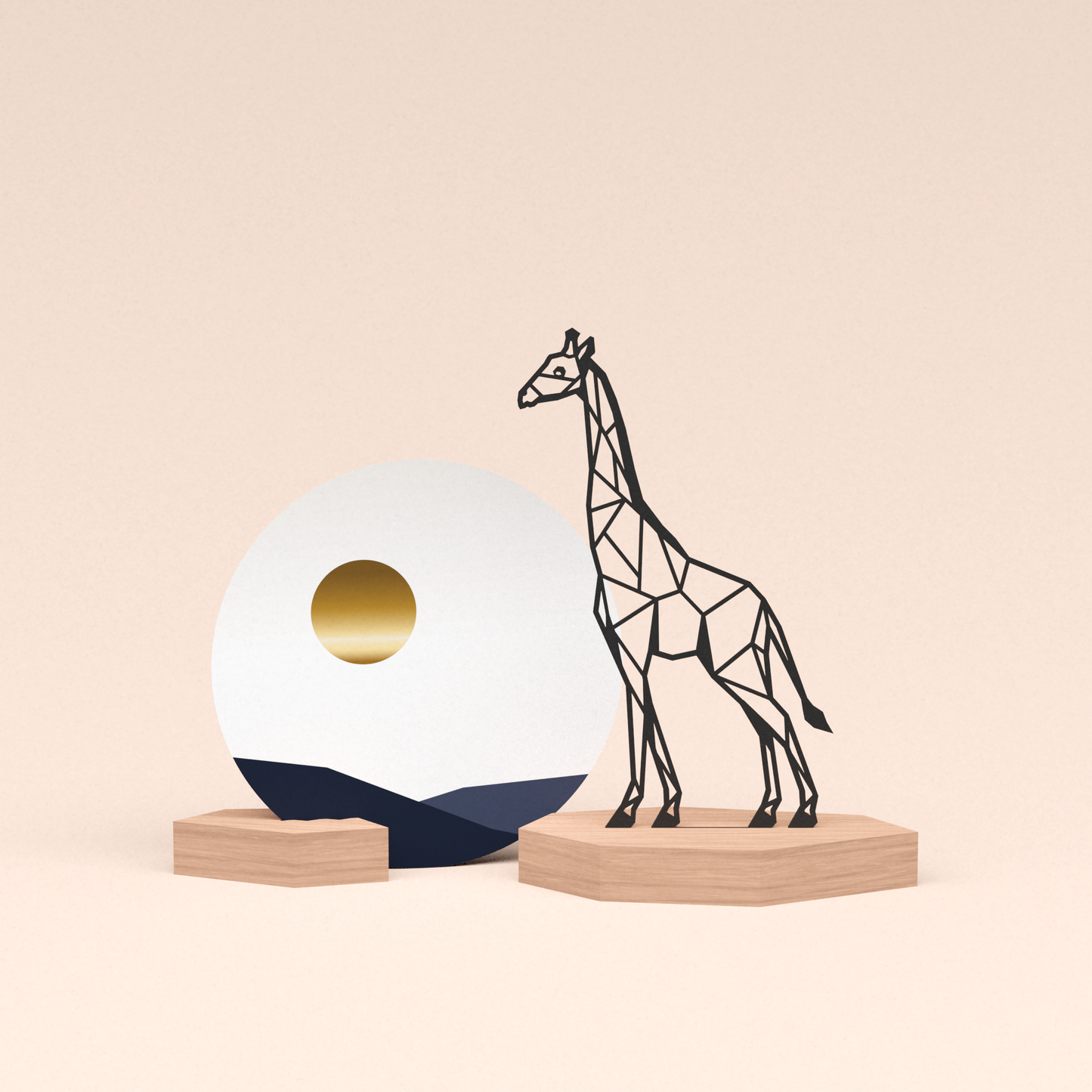 luxe cadeau woondecoratie met giraf illustratie en ronde wenskaart zonsondergang 