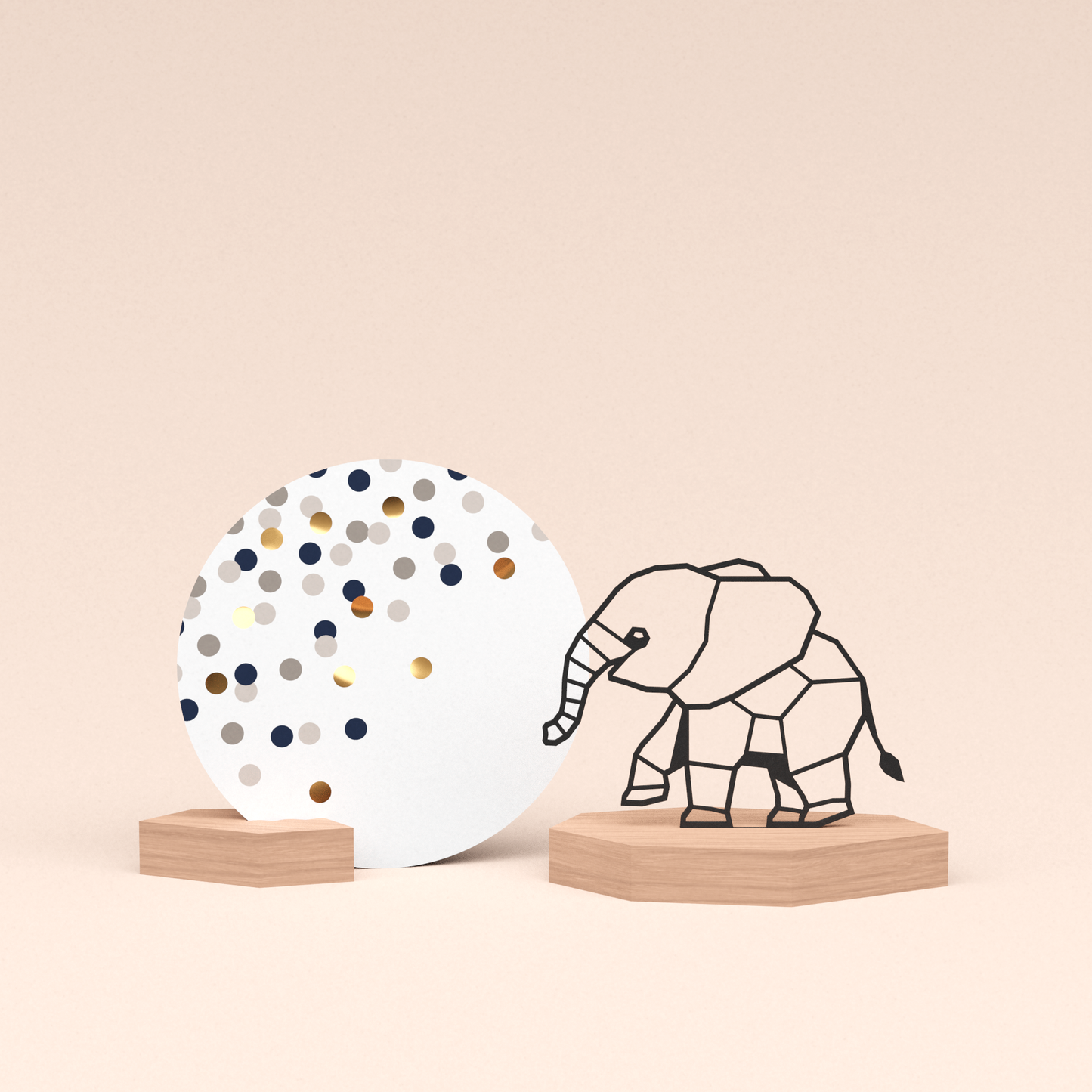 luxe cadeau woondecoratie met olifantje illustratie en ronde wenskaart confetti champagne 