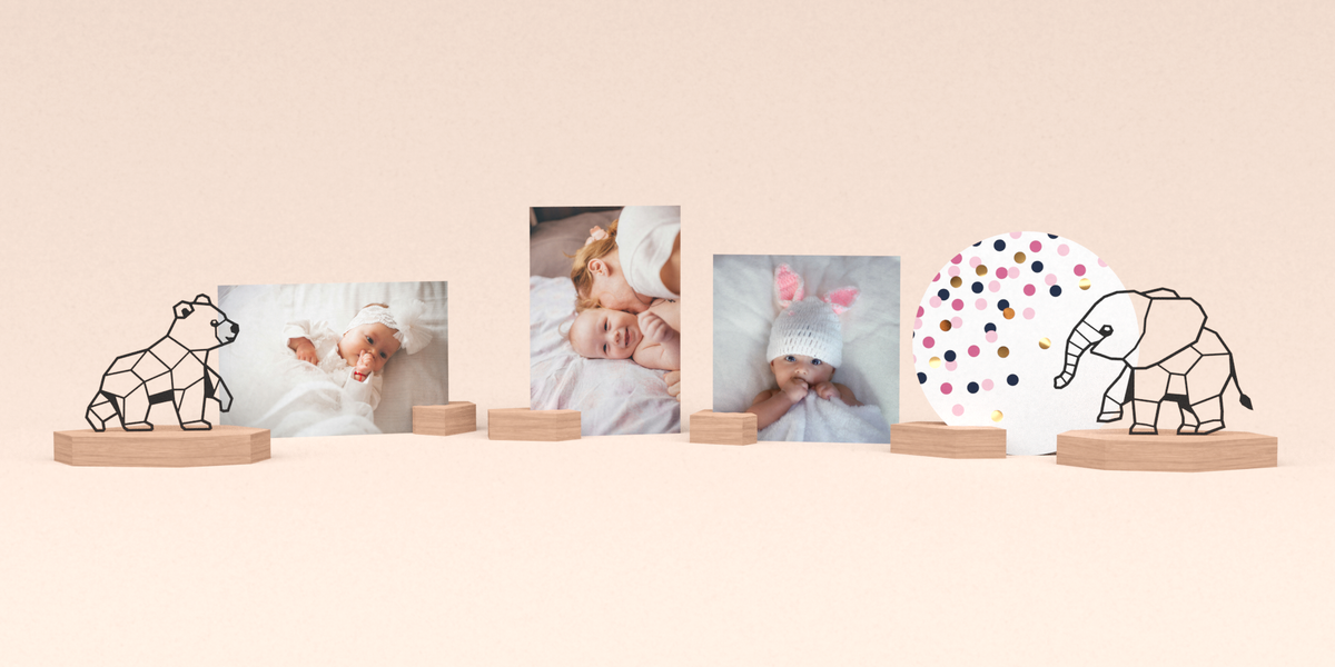 geboorte cadeau voor tweeling meisjes met beertje en olifantje en houten fotoblokjes voor babyfoto's