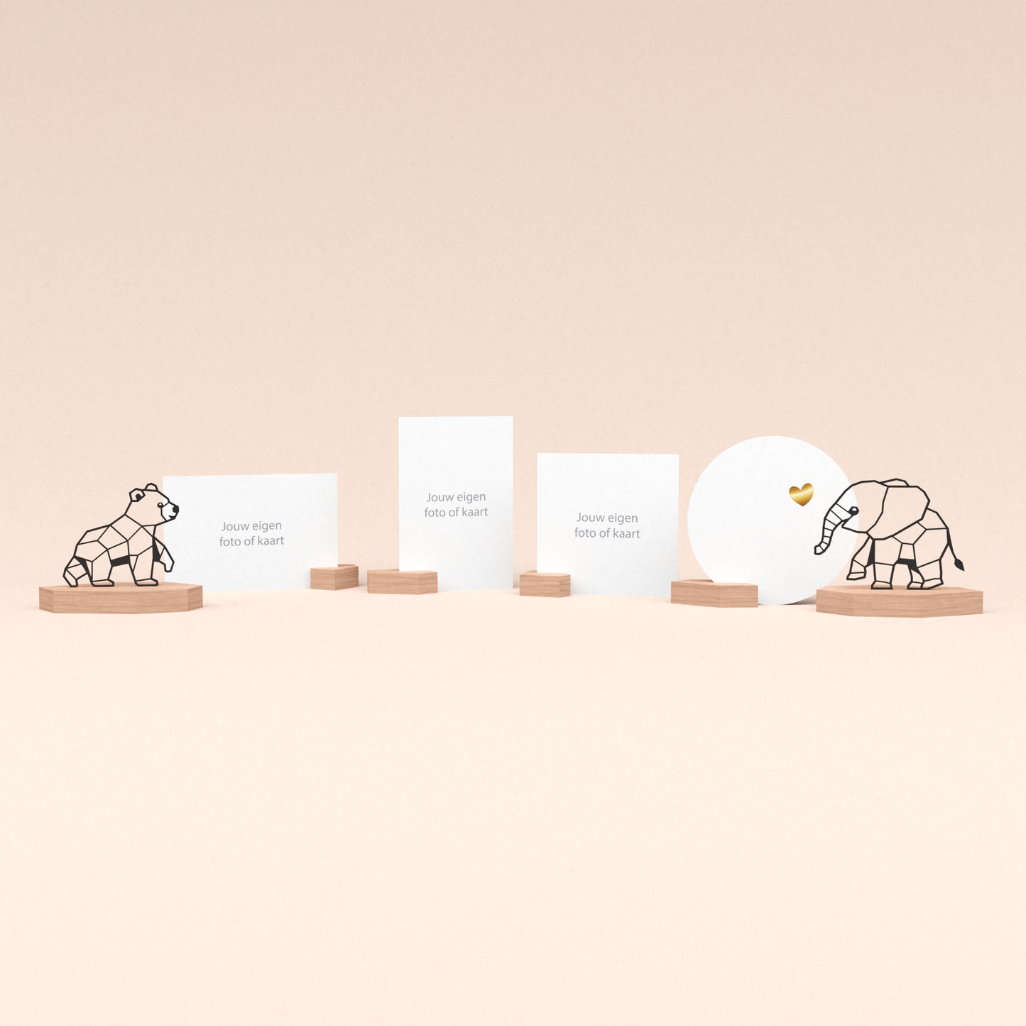 ultieme kaarthouder cadeauset voor geboorte tweeling met beer en olifant illustratie en met luxe ronde wenskaart veel liefs met gouden hart