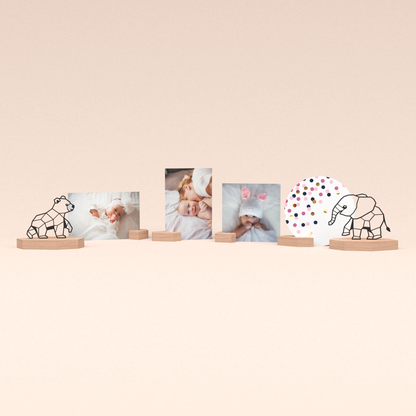 ultieme fotohouder cadeauset met beertje en olifantje en fotoblokjes voor het geboortekaartje en babyfoto's