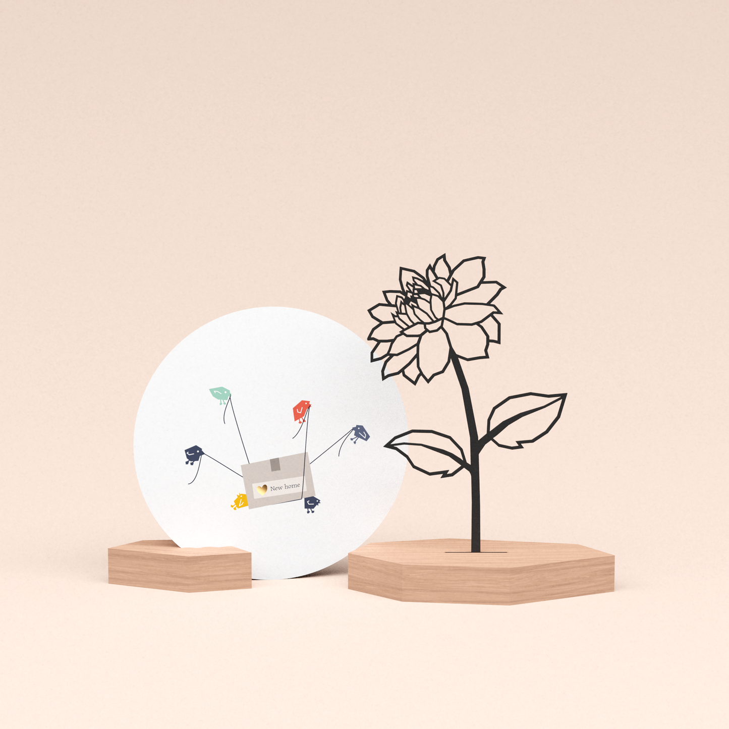 housewarming cadeau met luxe houten kaarthouder met dahlia bloem en ronde nieuwe huis wenskaart