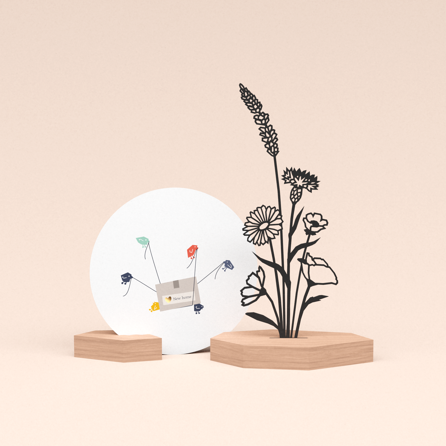 housewarming cadeau met luxe houten kaarthouder met bloemen boeket en ronde nieuwe huis wenskaart