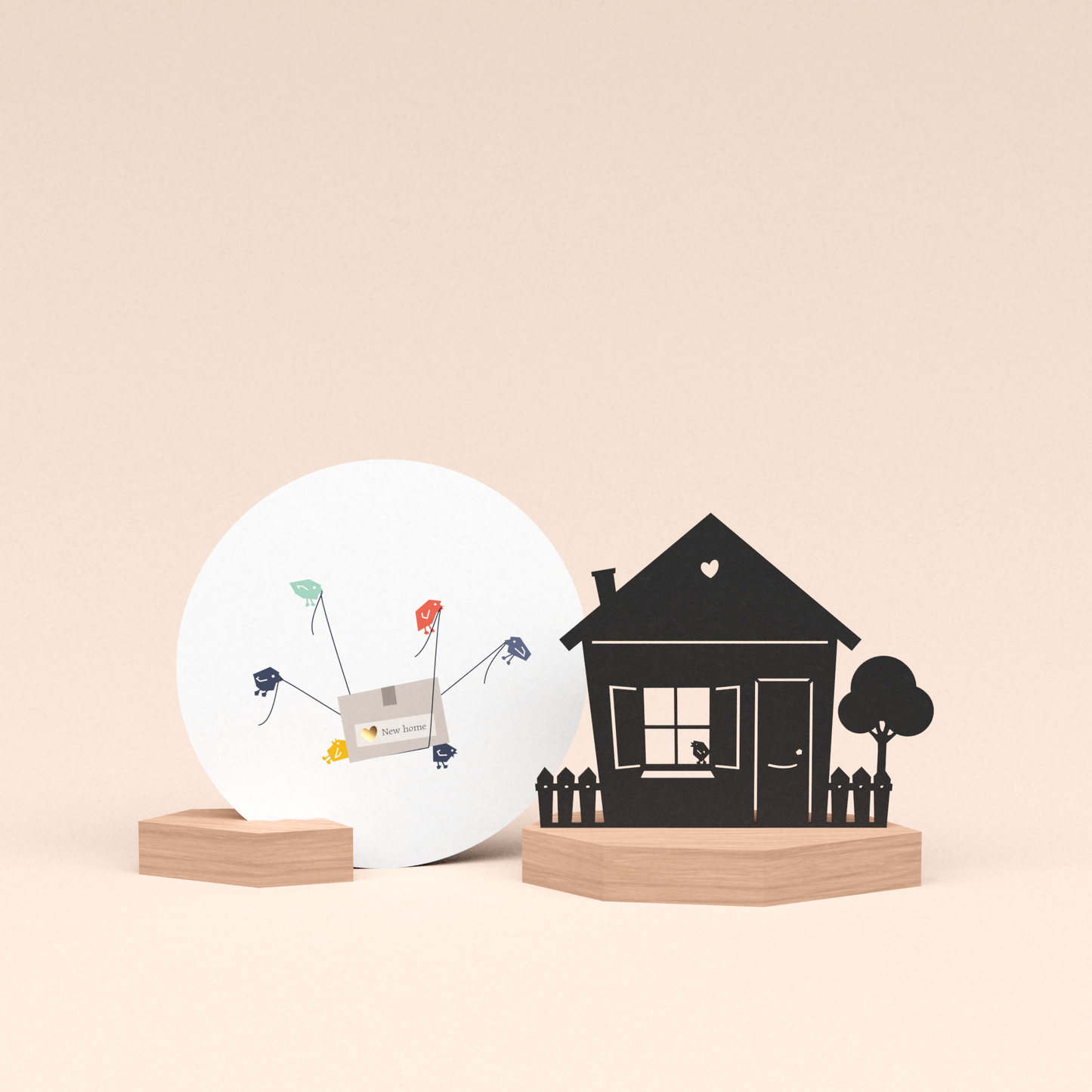 housewarming cadeau met luxe houten kaarthouder met nieuw huisje en ronde nieuwe woning kaart