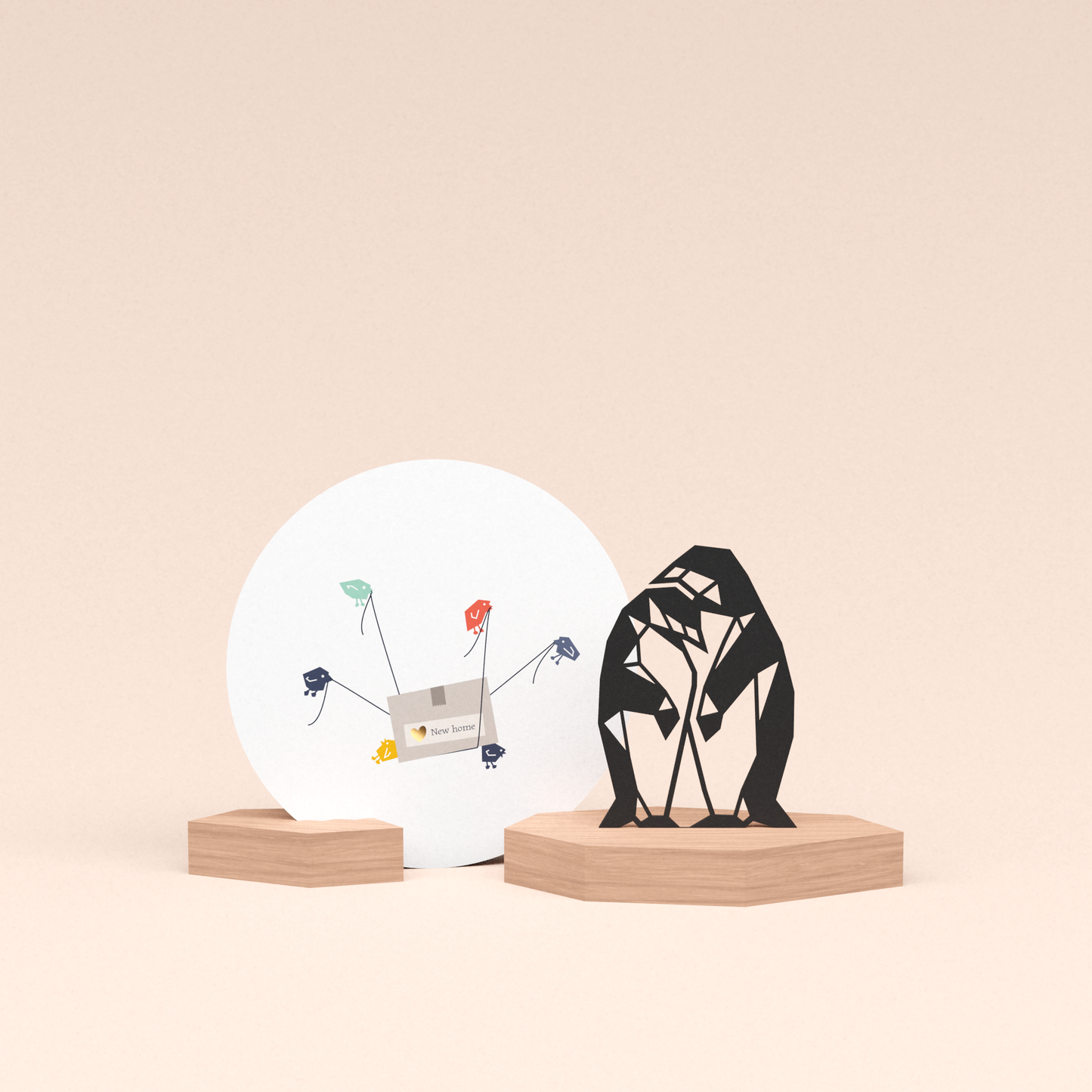 housewarming cadeau met luxe houten kaarthouder met twee pinguins en ronde nieuwe huis wenskaart