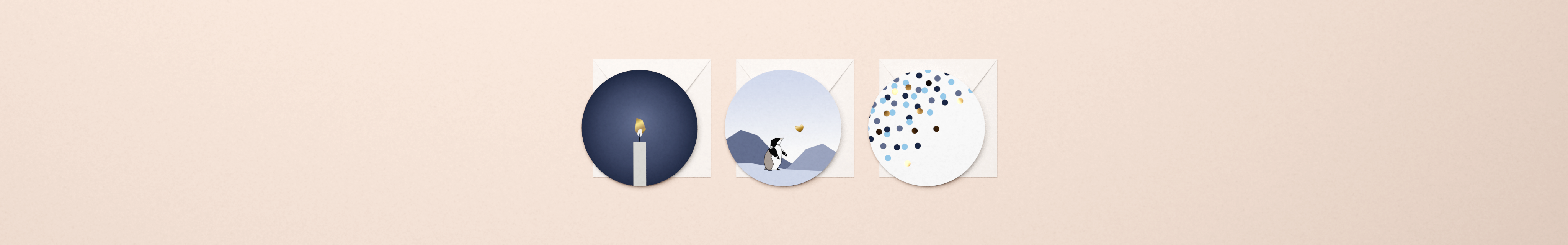 Kaartenset met drie luxe ronde wenskaarten met gouden accenten en envelop Kaarslicht Baby pinguin en Confetti blauw