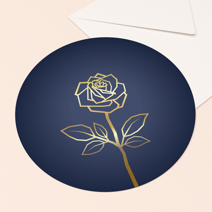 rond kaartje roos blauw met goudfolie in luxe envelop  