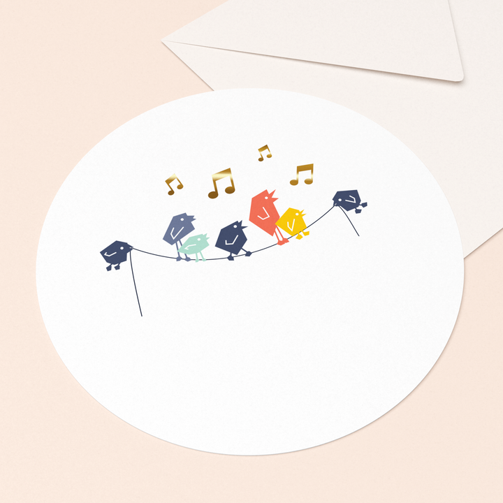 ronde ansichtkaart tjieperdepiep hoera met goud in luxe envelop  