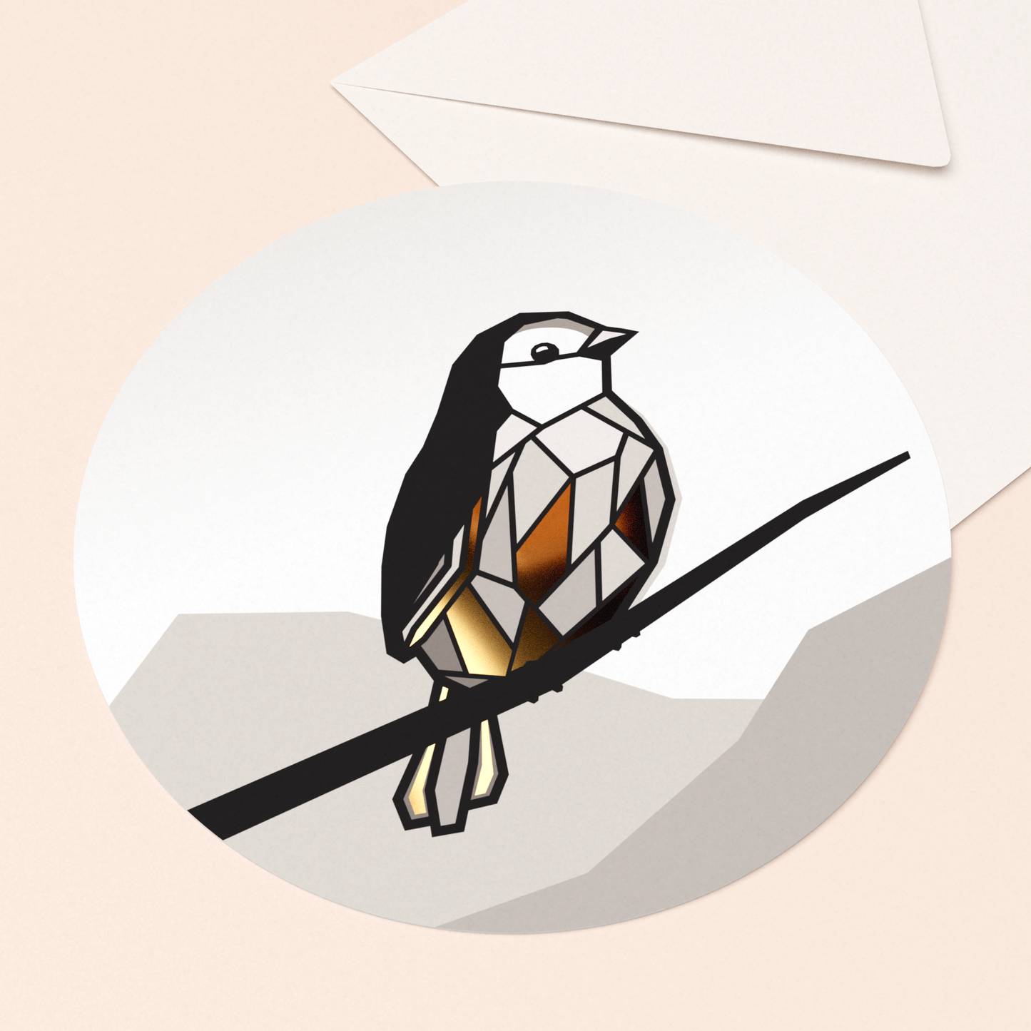 rond kaartje mus met goudfolie in luxe envelop  