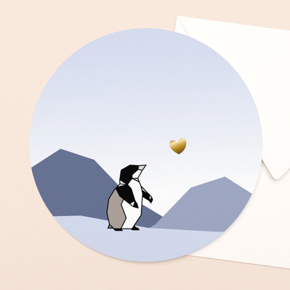 luxe wenskaart kleine pinguin met goudfolie in vierkante envelop  