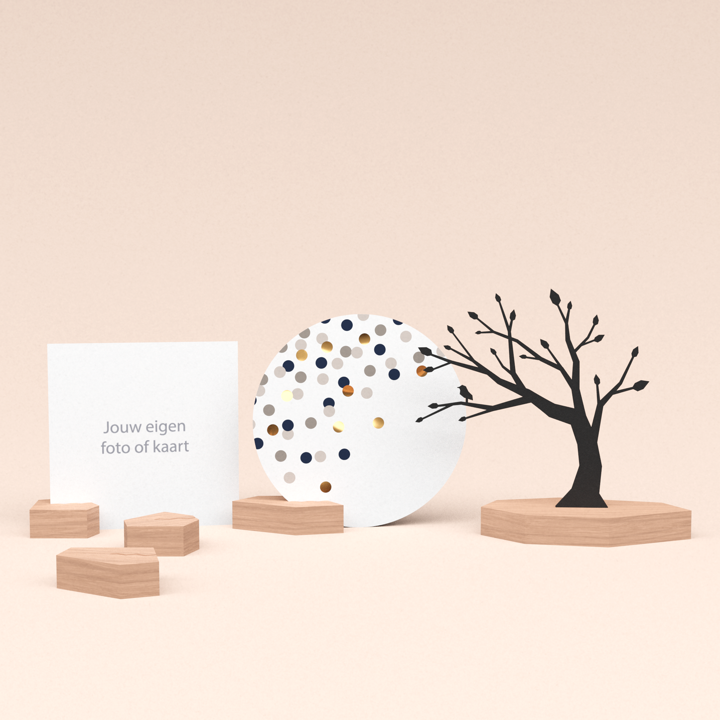 premium fotohouder cadeauset met boom illustratie en luxe ronde wenskaart confetti champagne 