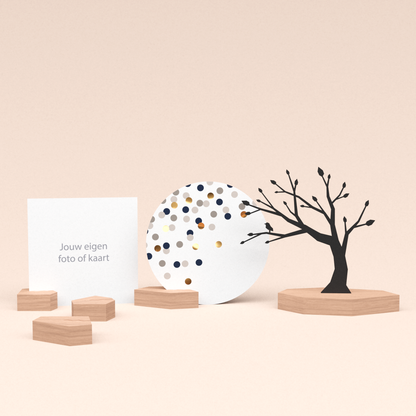 premium fotohouder cadeauset met boom illustratie en luxe ronde wenskaart confetti champagne 