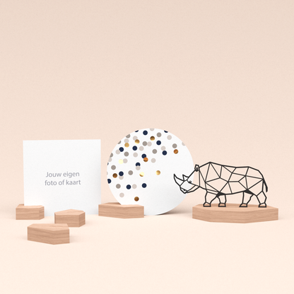 premium fotohouder cadeauset met neushoorn illustratie en luxe ronde wenskaart confetti champagne 