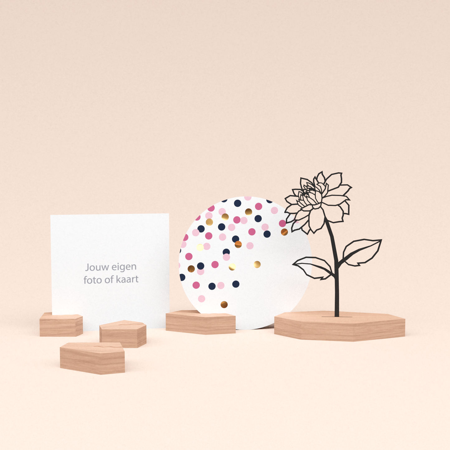 premium wenskaarthouder cadeauset met dahlia bloem illustratie en luxe ronde kaart confetti roze 