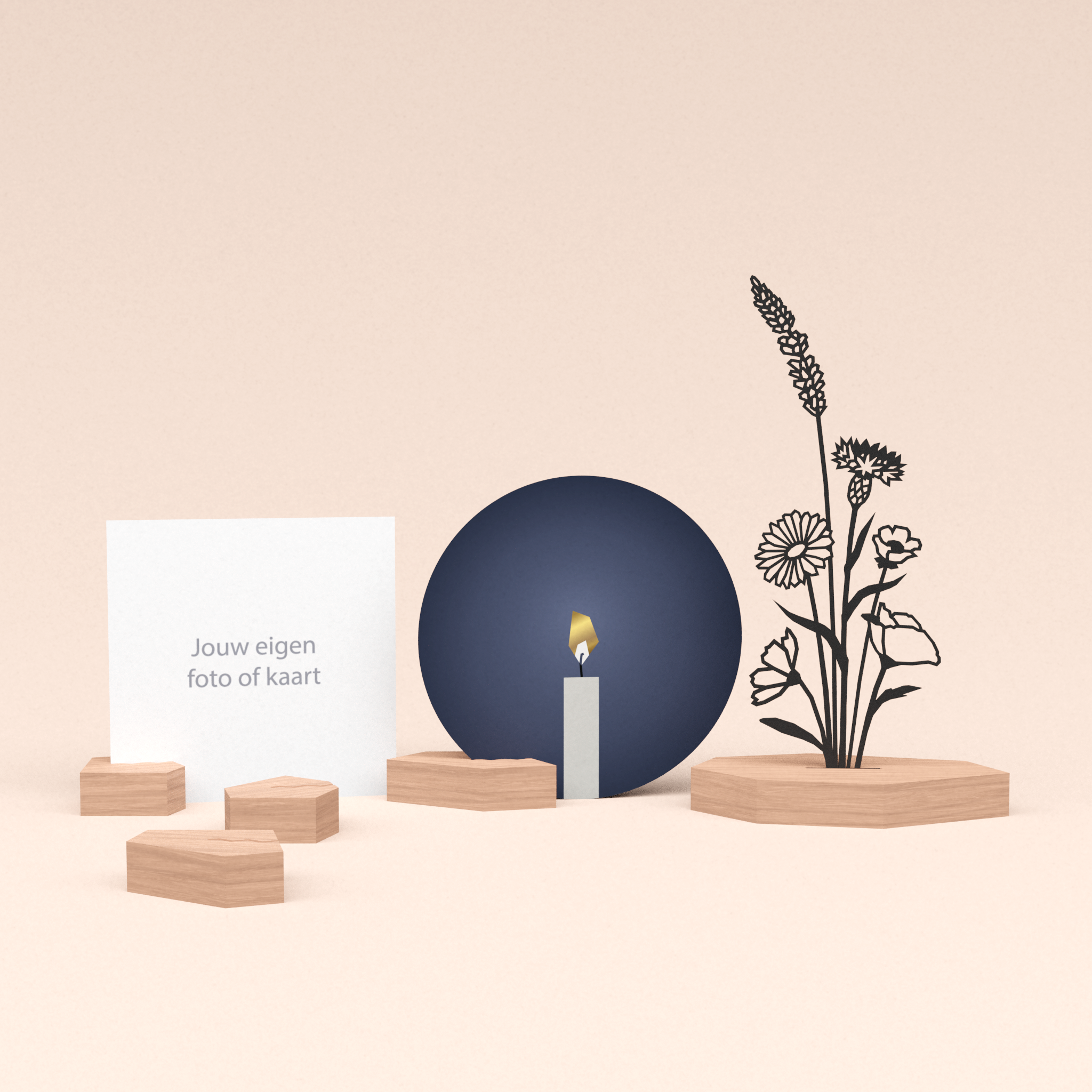 premium wenskaarthouder cadeauset met bloemenboeket illustratie en luxe ronde kaart kaarslicht