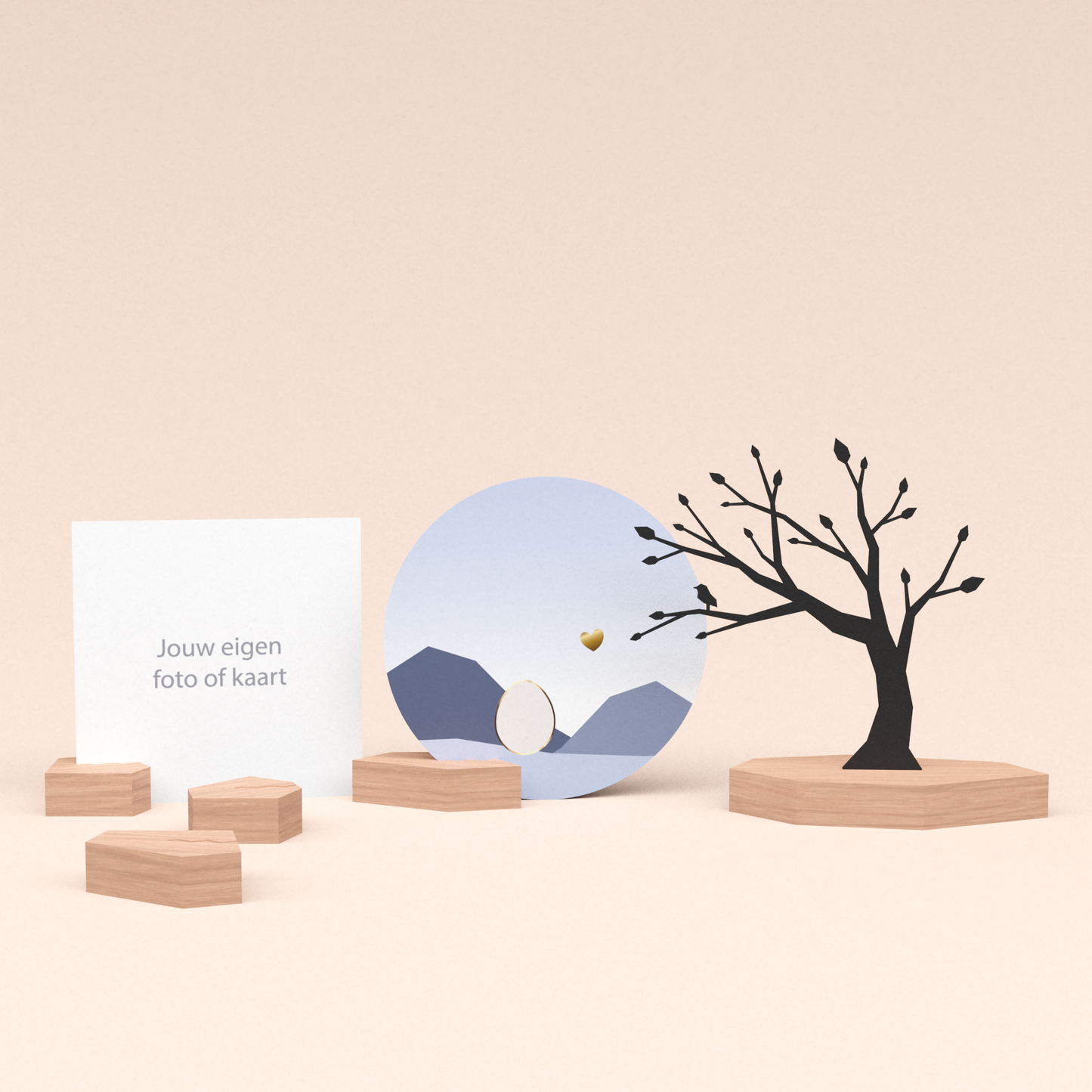 premium fotohouder cadeauset met boom illustratie en luxe ronde wenskaart kleintje op komst! 