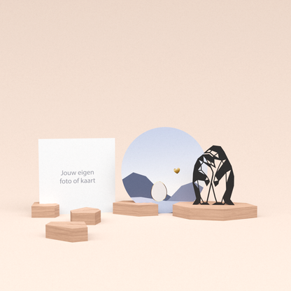 premium wenskaarthouder cadeauset met pinguins illustratie en luxe ronde kaart kleintje op komst! 