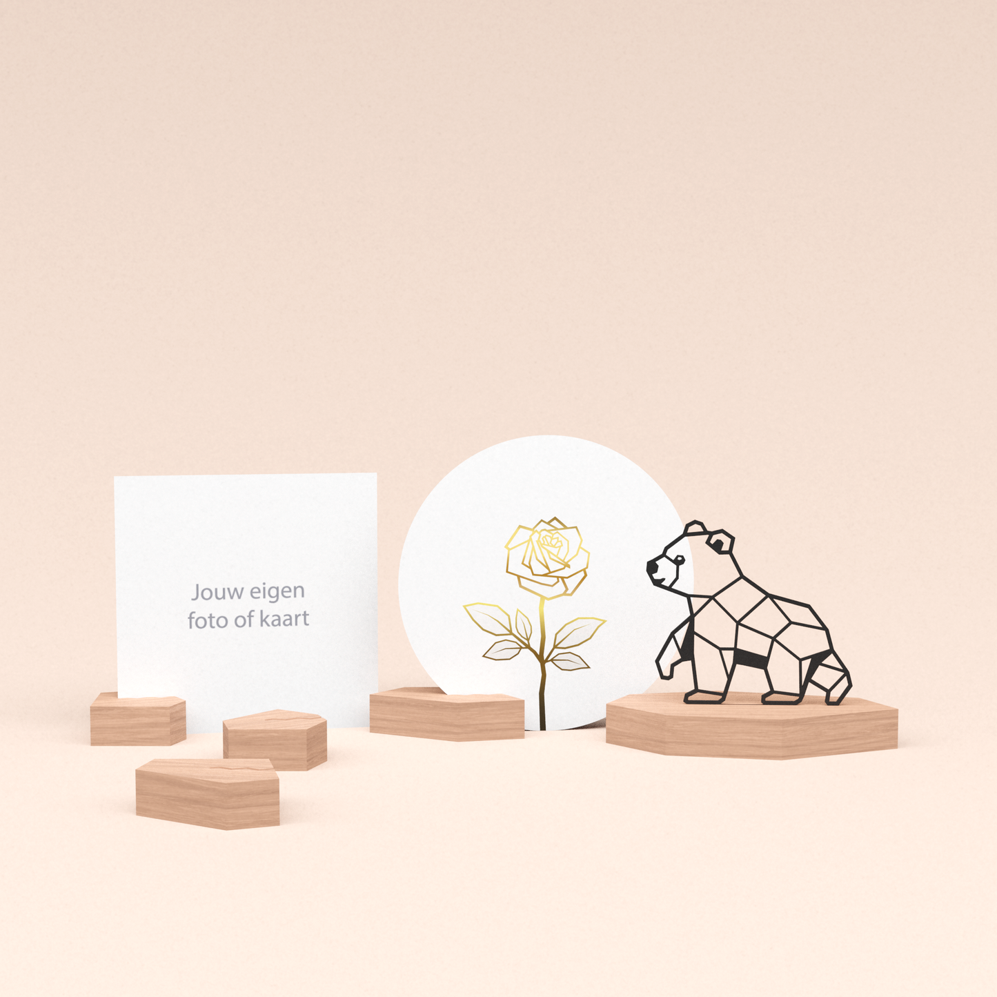 premium fotohouder cadeauset met beer illustratie en luxe ronde wenskaart roos (wit) 