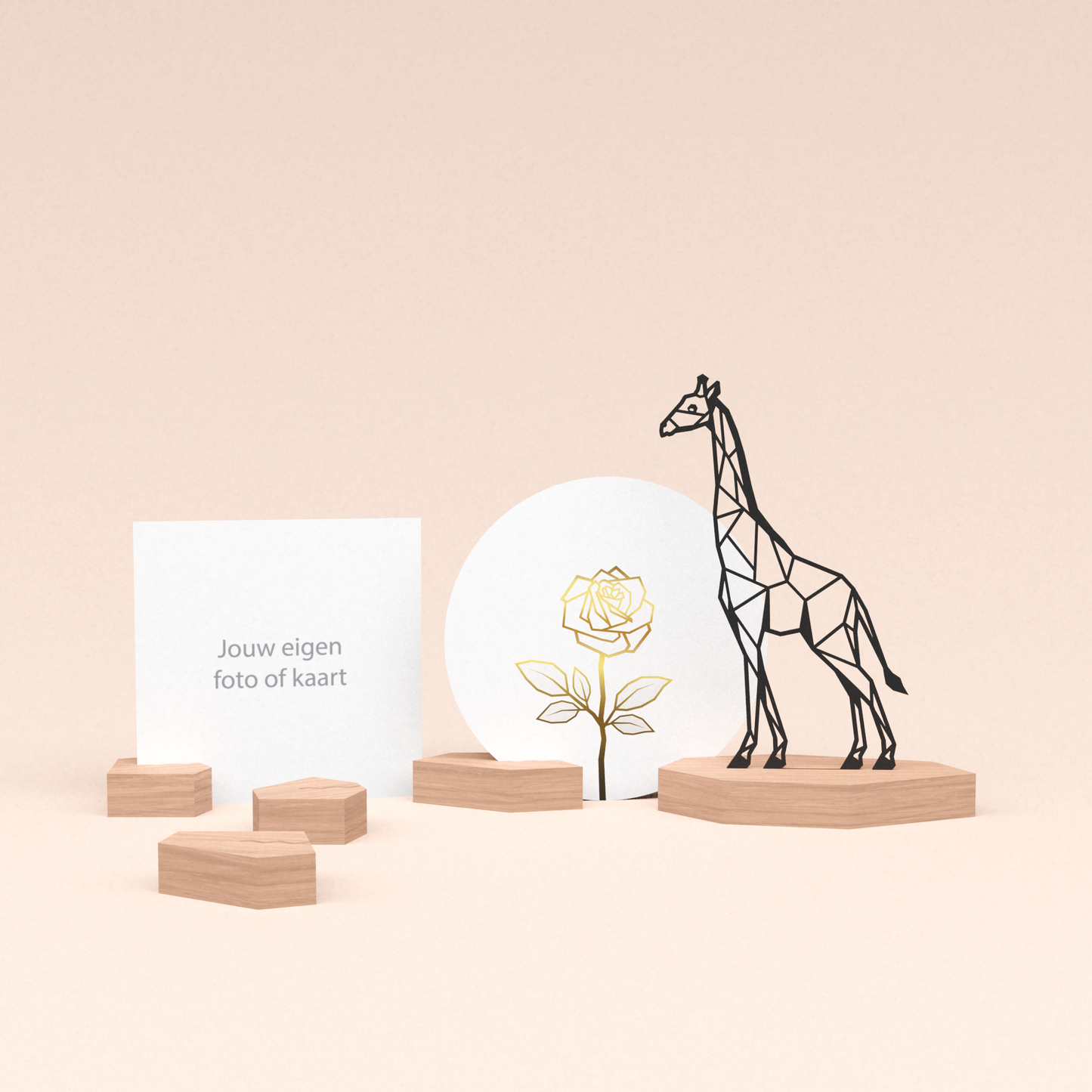 premium fotohouder cadeauset met giraf illustratie en luxe ronde wenskaart roos (wit) 