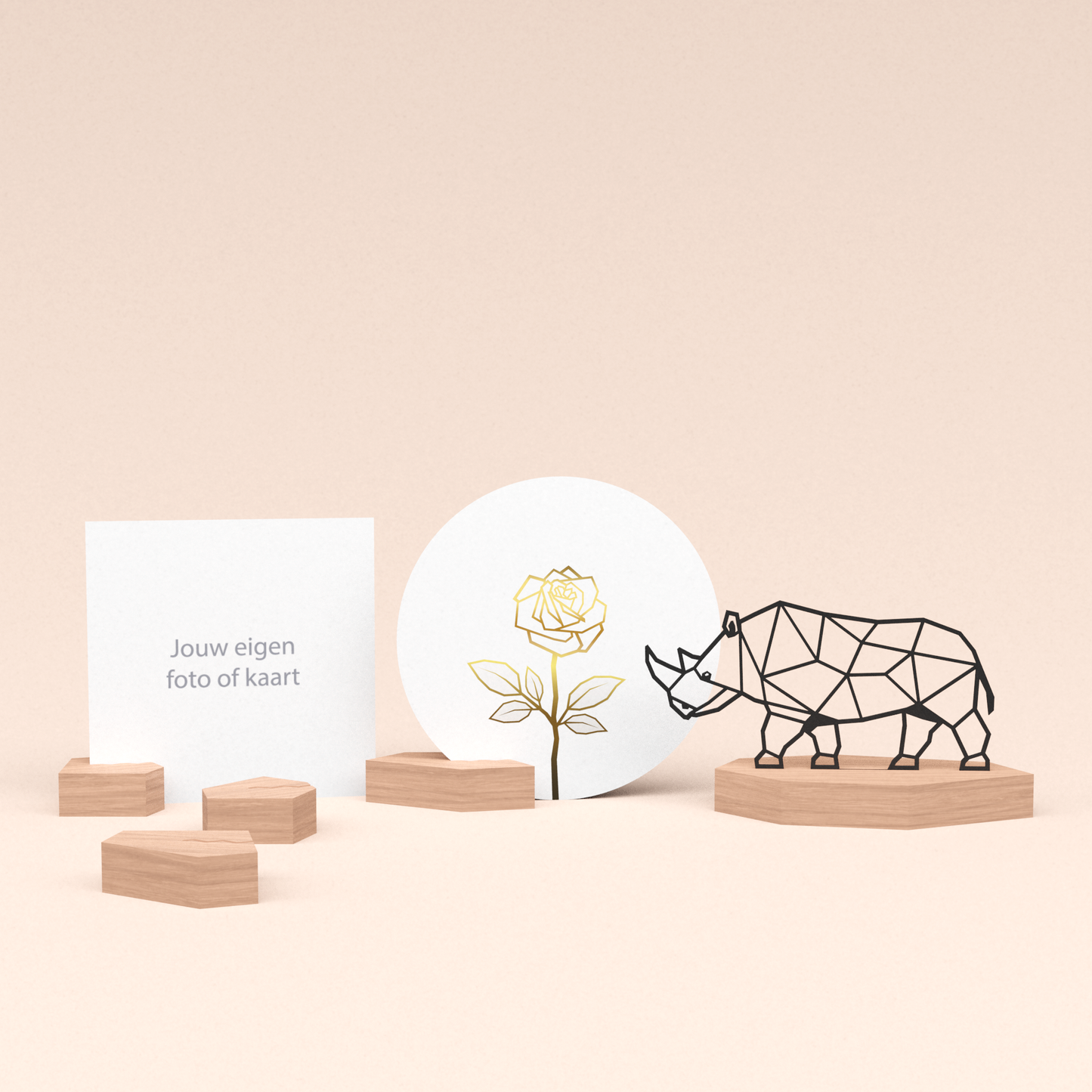 premium fotohouder cadeauset met neushoorn illustratie en luxe ronde wenskaart roos (wit) 