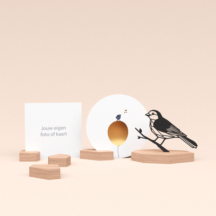 premium fotohouder cadeauset met mus illustratie en luxe ronde wenskaart tjiep hoera! 