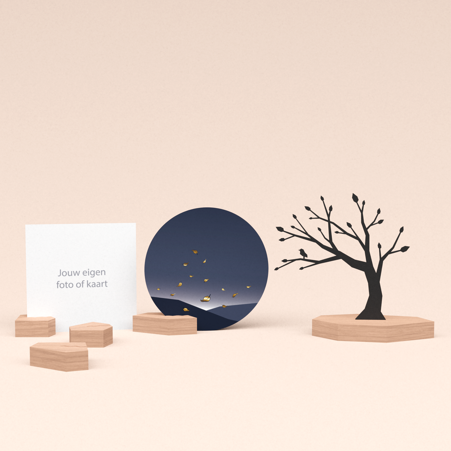premium fotohouder cadeauset met boom illustratie en luxe ronde wenskaart vallende blaadjes 