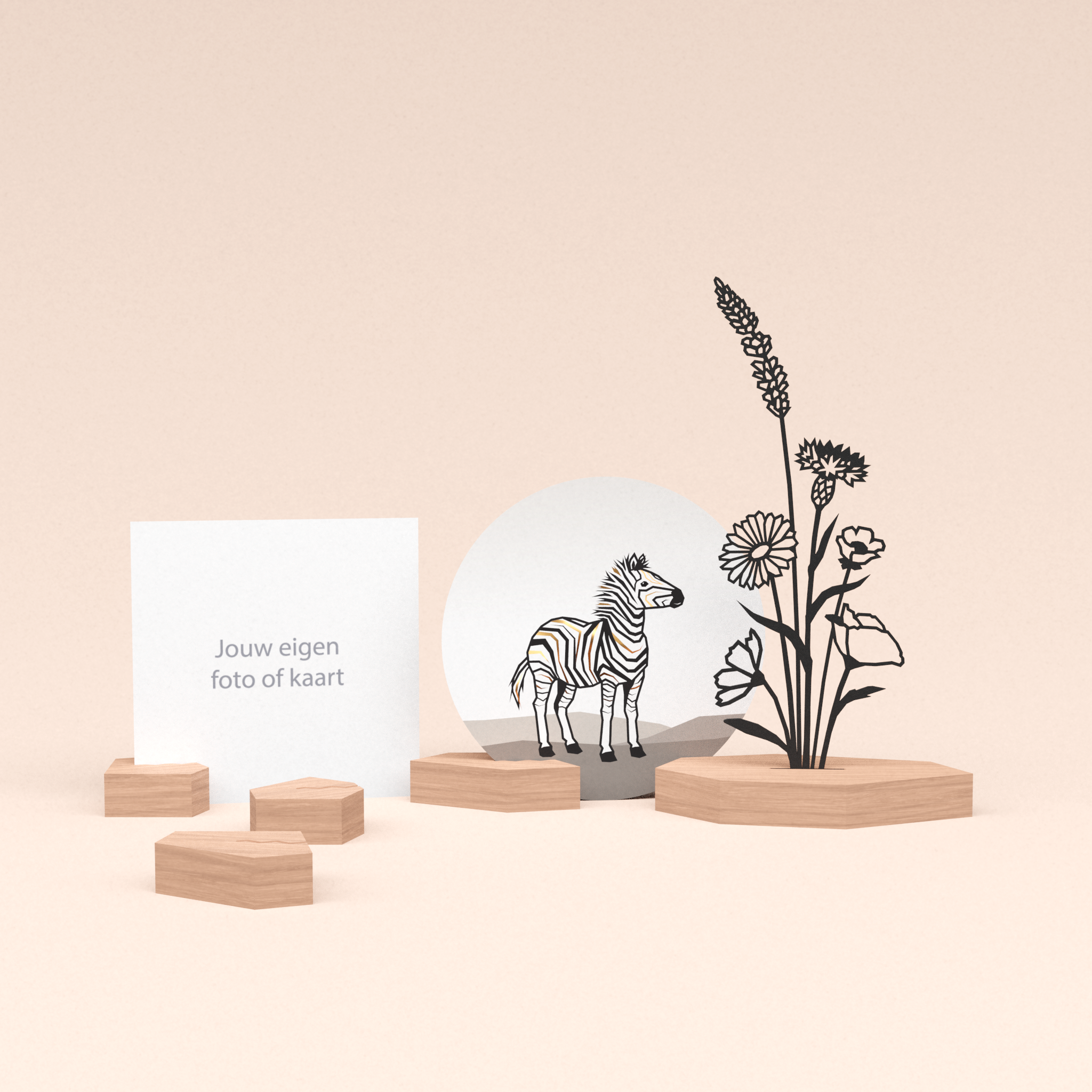 premium wenskaarthouder cadeauset met bloemenboeket illustratie en luxe ronde kaart zebra 
