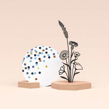 luxe cadeau wenskaarthouder met bloemenboeket illustratie en ronde wenskaart confetti blauw 