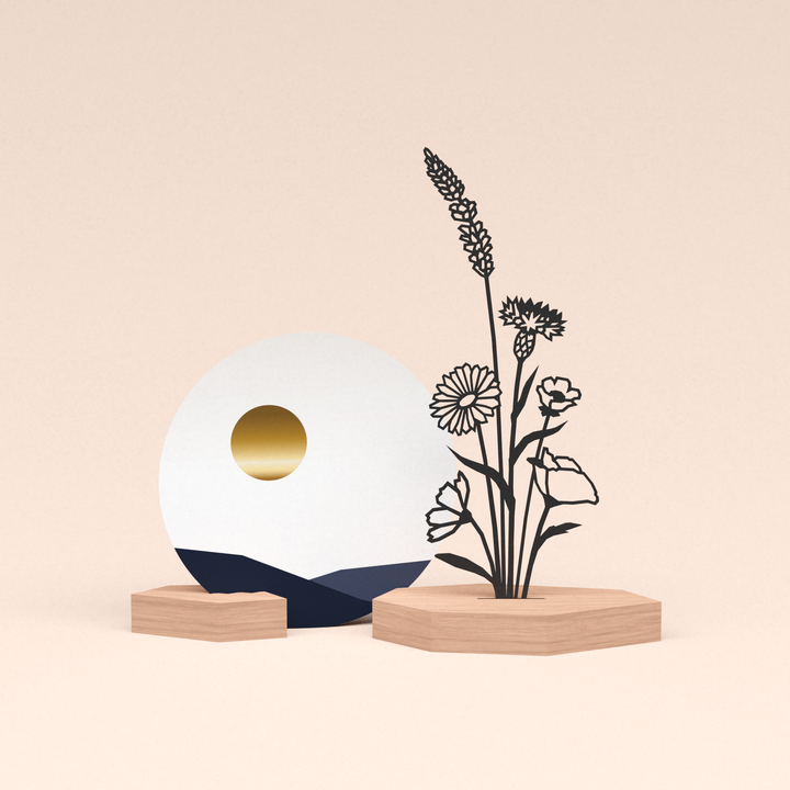 luxe cadeau kaartstandaard met bloemenboeket illustratie en ronde kaart zonsondergang 