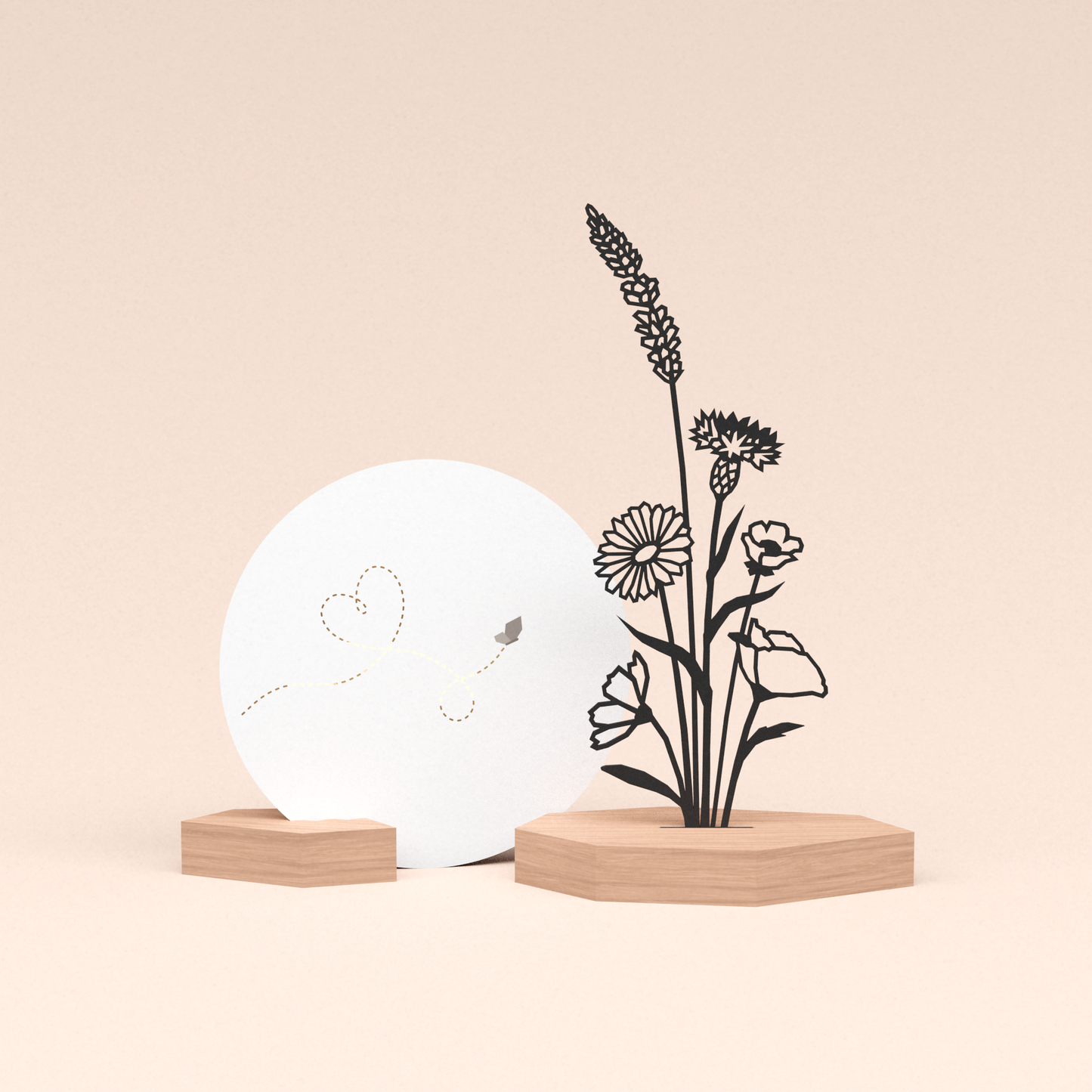 luxe cadeau kaartstandaard met bloemenboeket illustratie en ronde kaart liefdevolle vlinder 