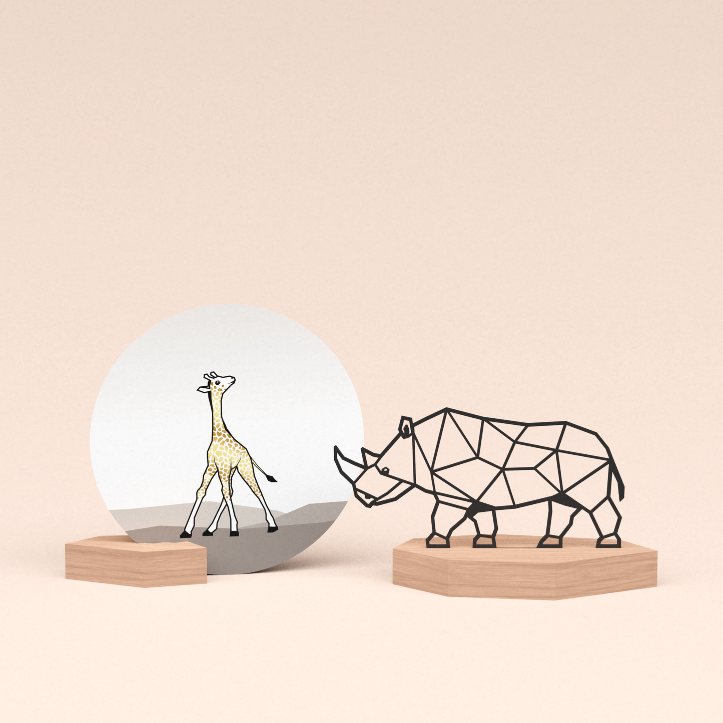 luxe cadeau woondecoratie met neushoorn illustratie en ronde wenskaart girafje 