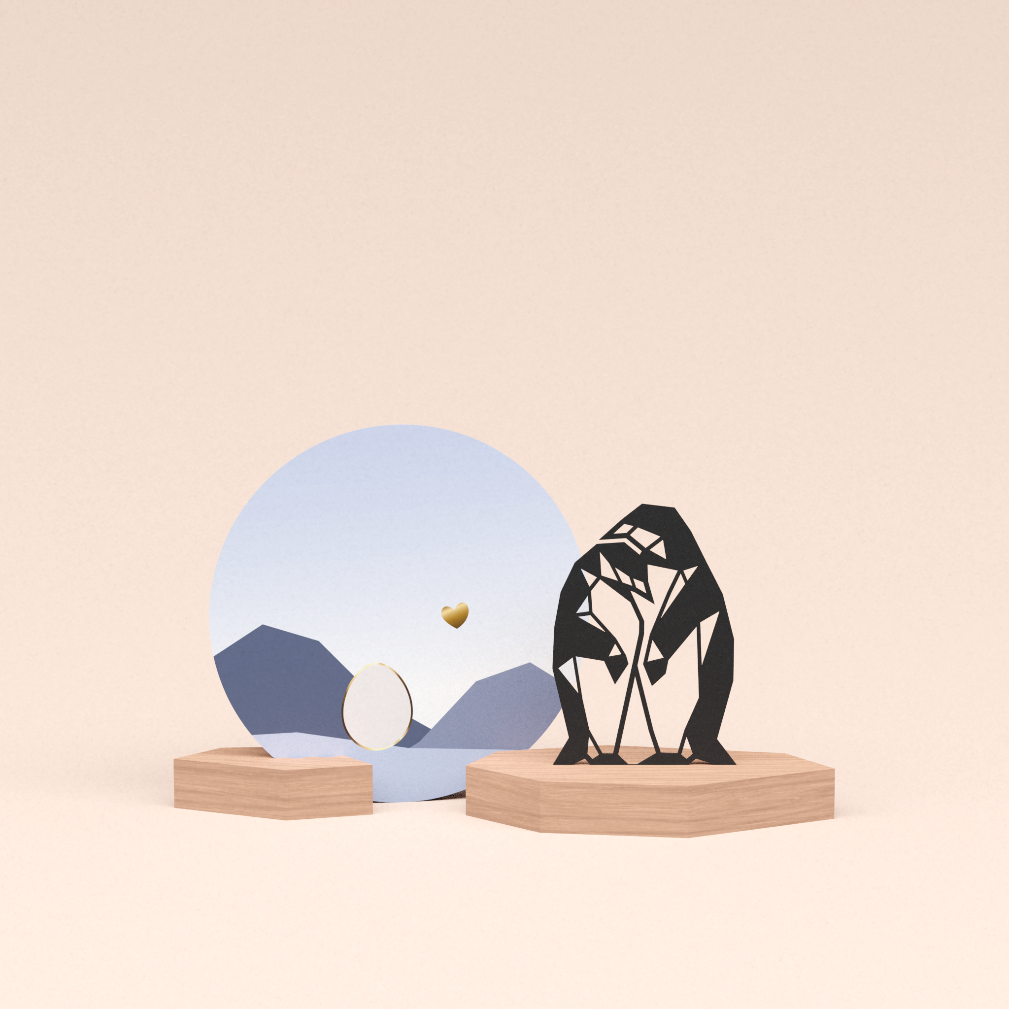 luxe cadeau wenskaarthouder met pinguin stelletje illustratie en ronde wenskaart kleintje op komst