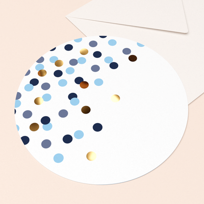 ronde ansichtkaart confetti blauw met goud in luxe envelop  