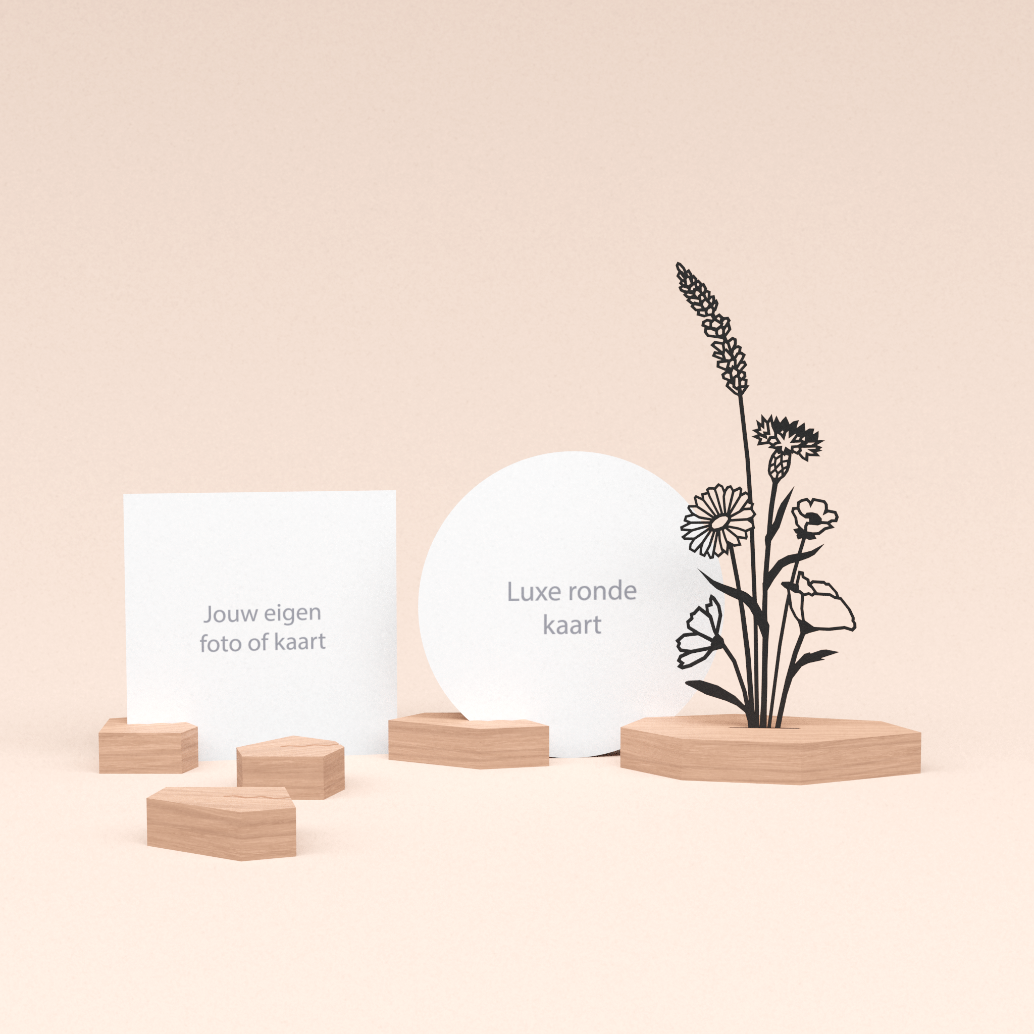 luxe houten woondecoratie met ronde kaart en minimalistische design illustratie bloemen boeket en drie extra fotoblokjes