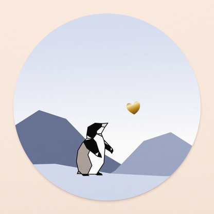 rond kaartje kleine pinguin met goudfolie in luxe envelop