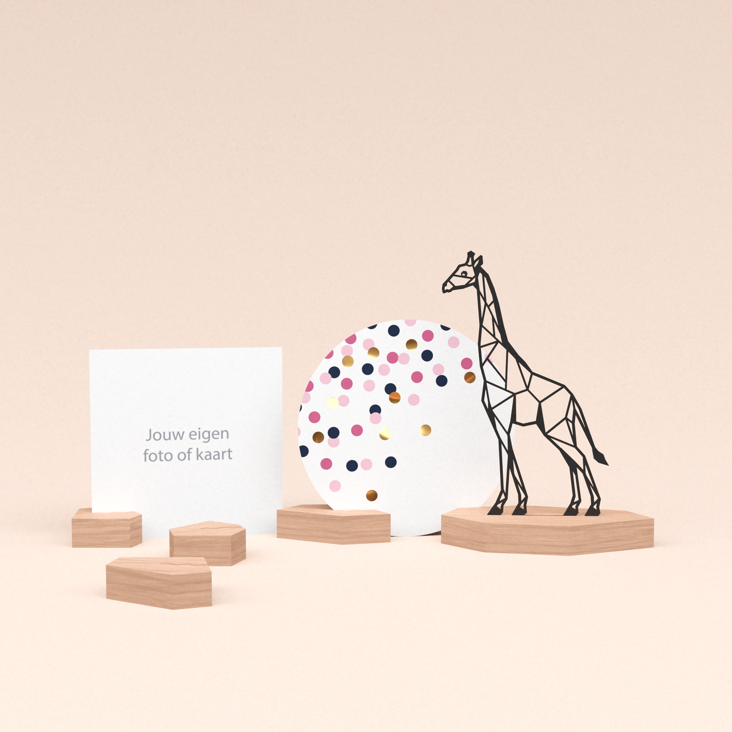 premium fotohouder cadeauset met giraf illustratie en luxe ronde wenskaart confetti roze 