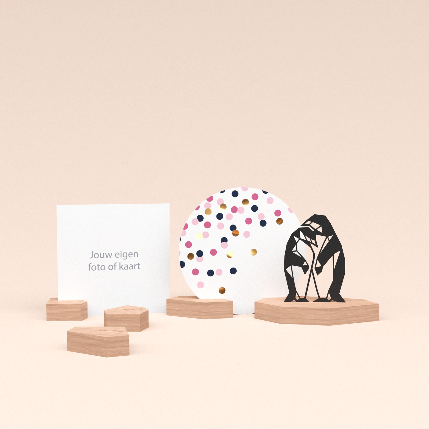 premium kaarthouder cadeauset met pinguins illustratie en luxe ronde kaart confetti roze 