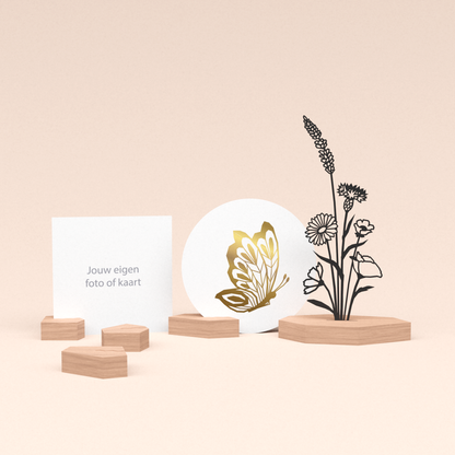 premium fotohouder cadeauset met bloemenboeket illustratie en luxe ronde wenskaart gouden vlinder 