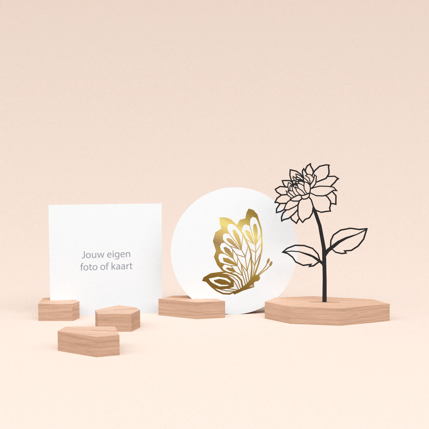 premium wenskaarthouder cadeauset met dahlia bloem illustratie en luxe ronde kaart gouden vlinder 